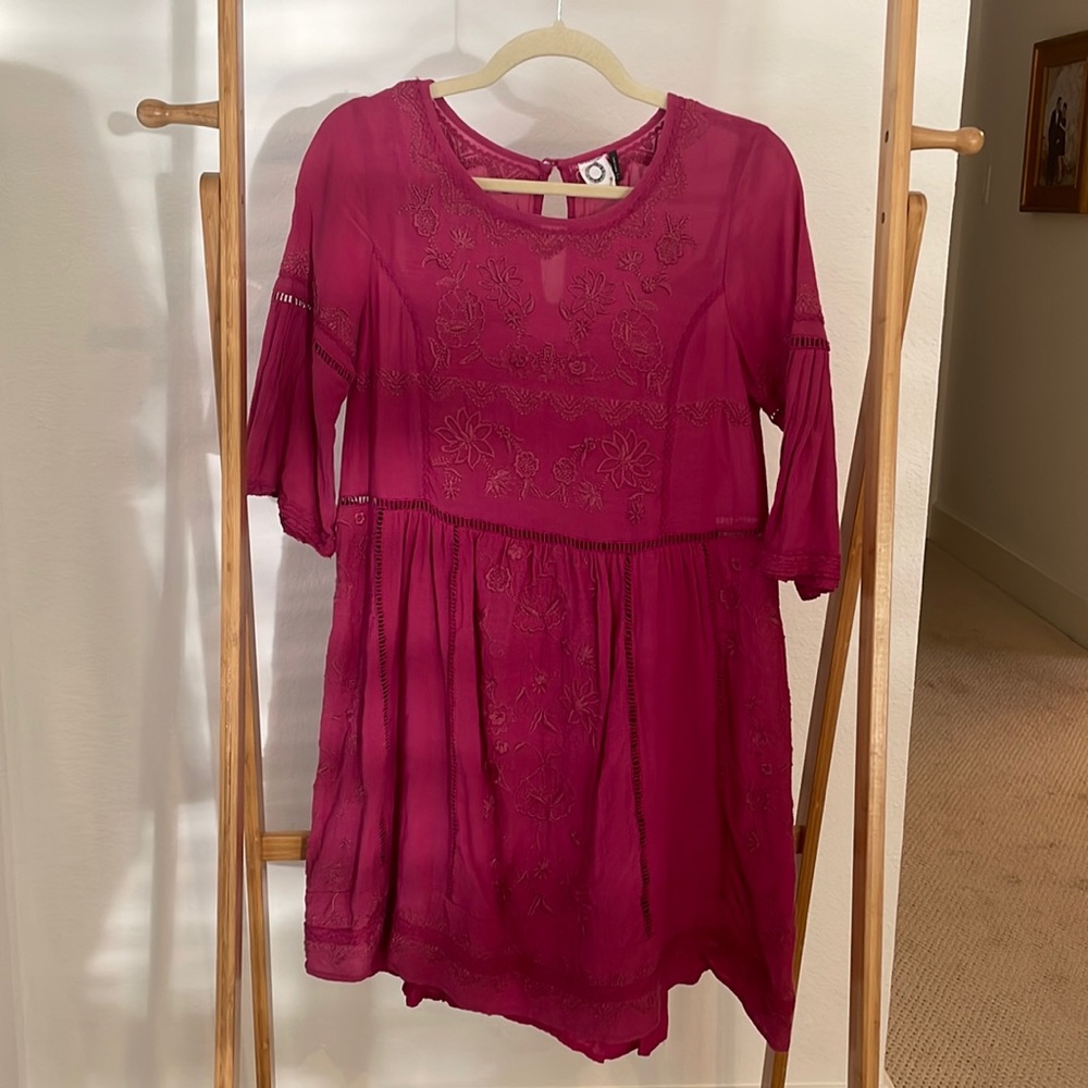 Anthropologie. Size S. Magenta color embroidered dress. Bell sleeve 3/4 length